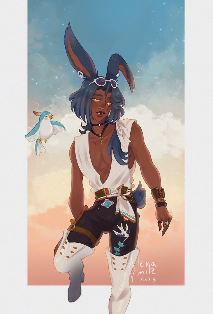 Digital illustration of Kiko Voras, a male FFXIV Rava Viera WoL. He's smiling to the camera as he's in a casual, strolling pose, with his right leg raised. There is a bluebird flying next to him. The background is a sky in a blue/pink gradient.