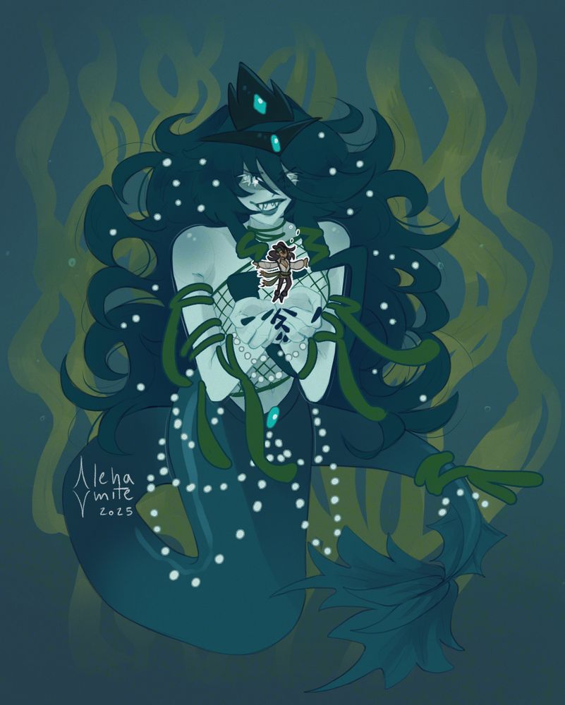 Digital illustration of a giant mermaid (oc belonging to wizardsrkool on artfight) with long hair. She's grinning widely as she cups her hands forward, and above her hands, a super tiny pirate (oc belonging to lehamite) floats aimlessly. The background is adorned by algae. 