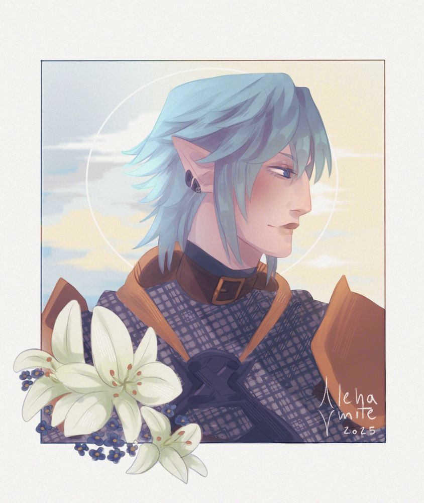 Digital art portrait of Haurchefant from FFXIV. He's facing left, and his right is decorated with white lilies and forget-me-nots.