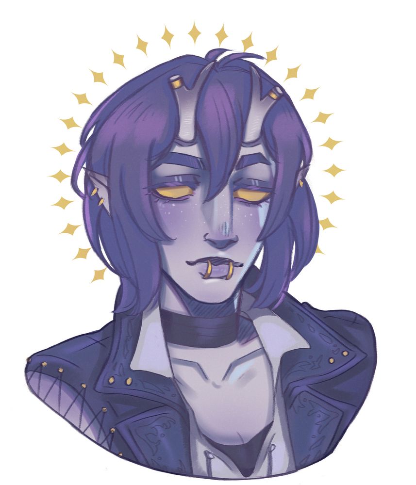 Portrait of River, a purple-skinned DnD tiefling.