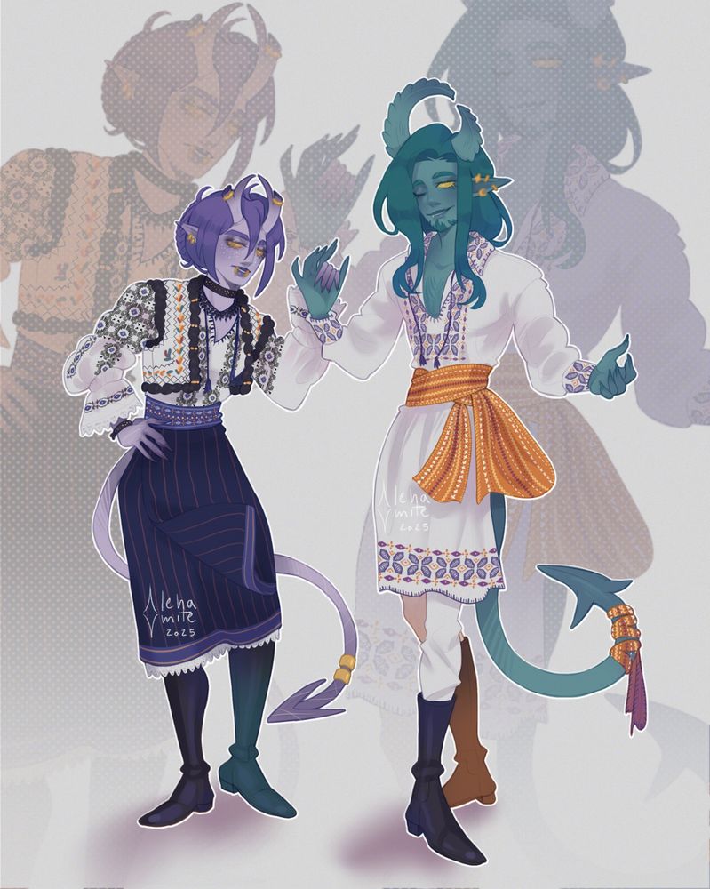 Digital illustration of two DnD tiefling original characters wearing traditional Romanian outfits. River, the one on the left, has light purple skin and purple hair that's braided into a small bun. They're wearing a poofy peasant shirt (iie) with a small wool vest on top, an apron skirt, and long boots. Astro, on the right, has teal-green skin and teal, long hair. He's also wearing a long, peasant-style shirt that falls to his knees, a long sash wrapped around his waist, white tight pants and long boots, albeit shorter than River's. Both of their outfits are adorned with intricate embroidery. 

River is holding onto Astro's hand, while their other hand rests against their side. Astro's free hand is wide open, in a welcoming manner, as he's winking to the camera.