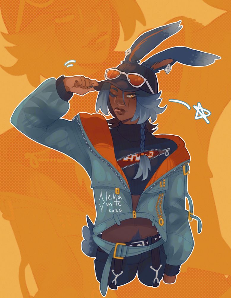 Digital illustration of Kiko Voras, a male FFXIV Rava Viera. He's winking at the camera while playfully sticking his tongue out, holding onto his black cap. He's wearing an oversized open jacket with a crop top. His belly area is covered by a sheer fabric. Orange-tinted sunglasses rest atop his black cap.
