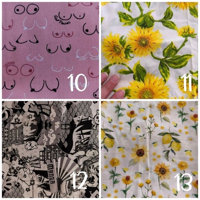 Différents imprimés disponibles pour les bandelettes Anti-transpiration : 10 octobre rose (différentes poitrines représentées), et 11 tournesol, 12 manga noir et blanc, 13 citrons et tournesoles