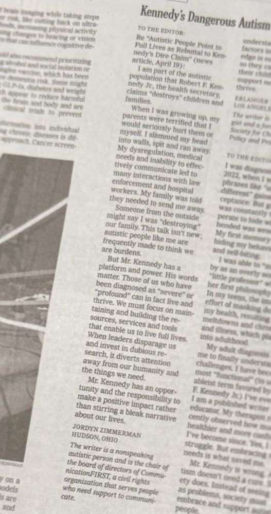 Printed newspaper with the header, "Kennedy's Dangerous Autism Claims." Letters to the editor are below.