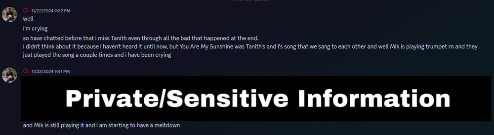 “Ci 11/22/2024 9:32 PM
(Blacked out box that reads: [PRIVATE/SENSITIVE INFORMATION])
and Mik is still playing it and i am starting to have a meltdown”