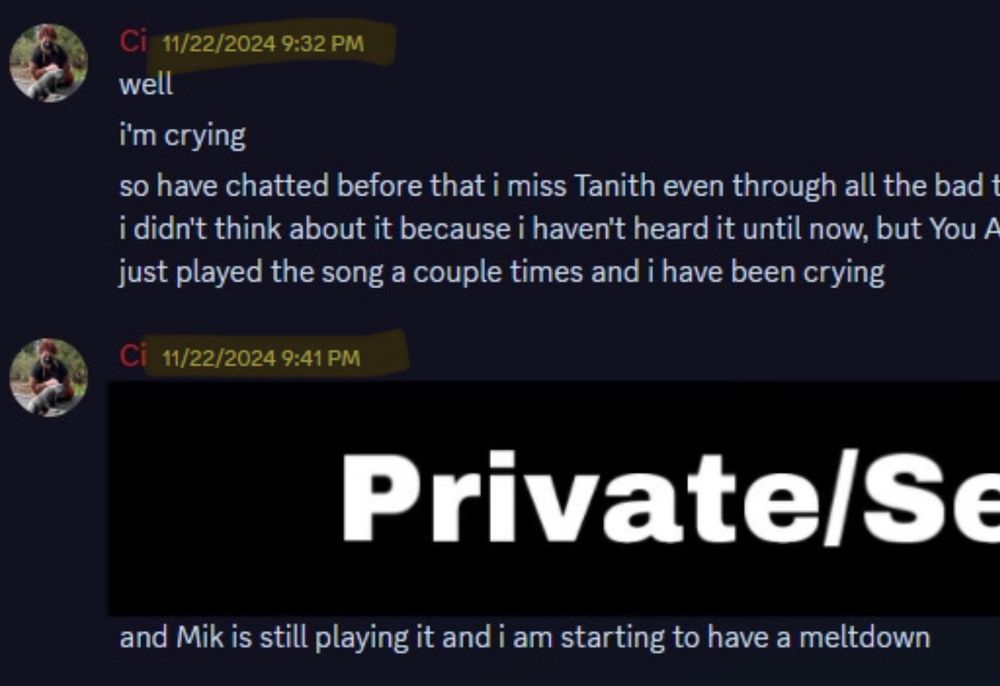 Cropped Discord screenshots (see quoted tweet for full pic w/ alt text)// 11/22/2024 9:32 pm and 11/22/2024 9:41 pm is highlighted