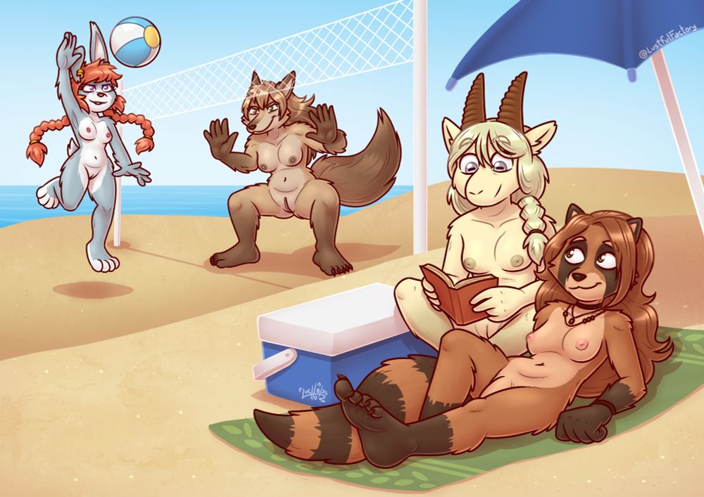 Drawing of 4 female characters completely naked, relaxing on a beach and playing volleyball.