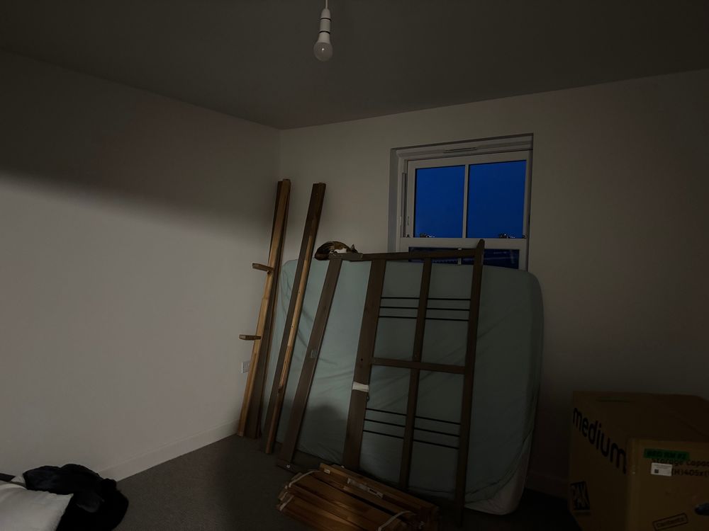 Dimly lit room with a disassembled wooden bed frame and a light blue mattress propped upright against the wall beneath a small window showing a dark evening sky. A cat is curled up and sleeping on top of the mattress, partially blending in with the subdued lighting and wooden bed slats. A cardboard storage box sits in the lower right corner, and folded bedding or clothing is on the floor in the lower left. A bare lightbulb hangs from the ceiling above.