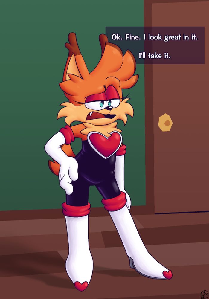 Bubsy T. Bobcat, sporting his design from Bubsy 4D, wearing Rouge's outfit from the Sonic the Hedgehog series, while looking at a mirror off-screen. Text: 