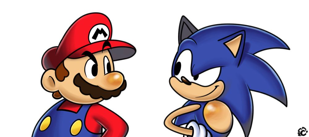 Mario and Sonic looking back at eachother in a style inspired by Masanori Sato's work for the Mario & Luigi RPG series. This piece also takes a small bit of stylistic inspiration by Yuji Uekawa's work for the Sonic the Hedgehog series