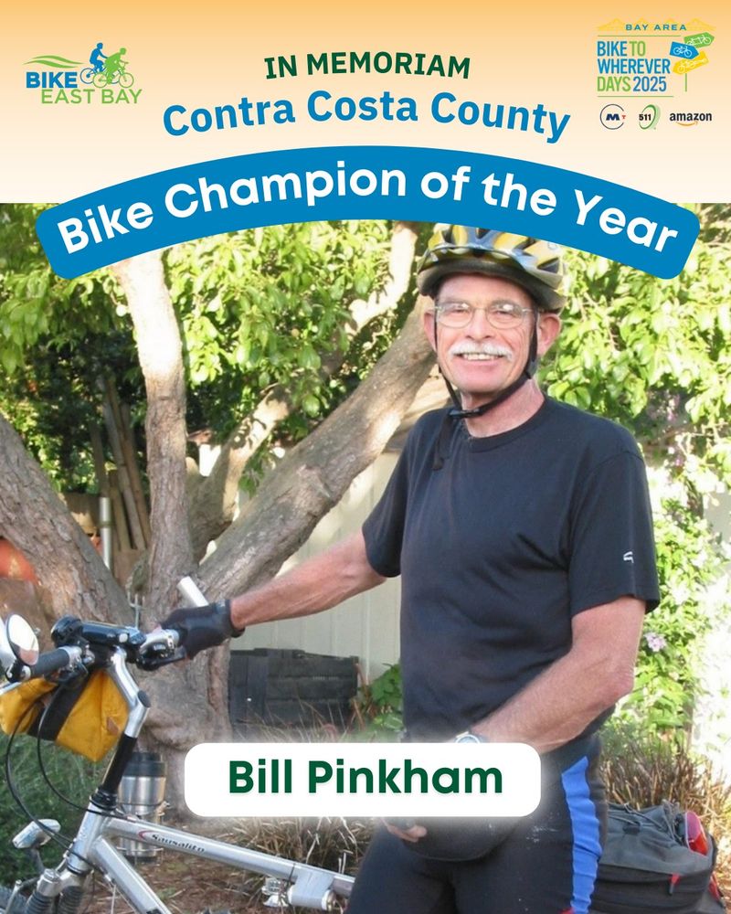 Bill Pinkham of Contra Costa County is rocking a simple bike outfit and riding gloves, and smiles with his bicycle.