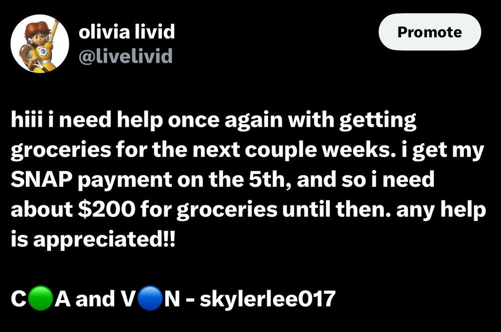 a cropped screenshot of twitter, showing a tweet from me:

hiii i need help once again with getting groceries for the next couple weeks. i get my SNAP payment on the 5th, and so i need about $200 for groceries until then. any help is appreciated!!

C🟢A and V🔵N - skylerlee017