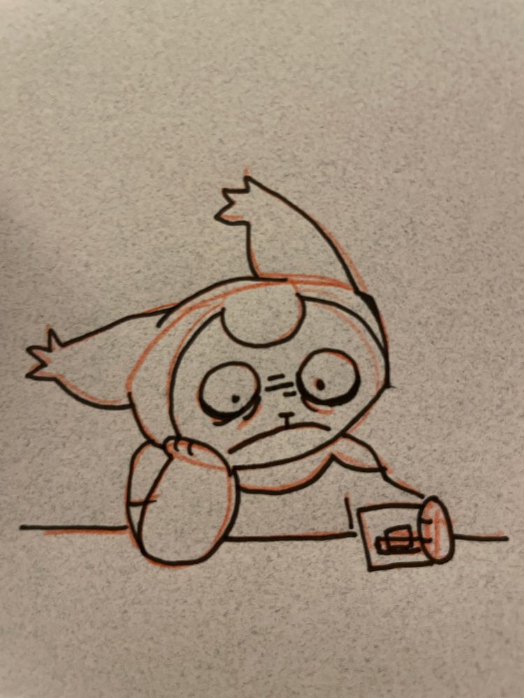 Skitty with a whisky, eyes open, looking harrowed.