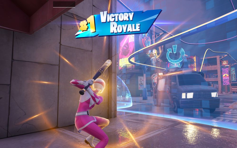 A Fortnite screenshot, showing me - the pink power ranger - smashing someone into the storm in Mega City, winning the game. In the distance, on the grind rail I hit them onto, you can see them de-rezzing