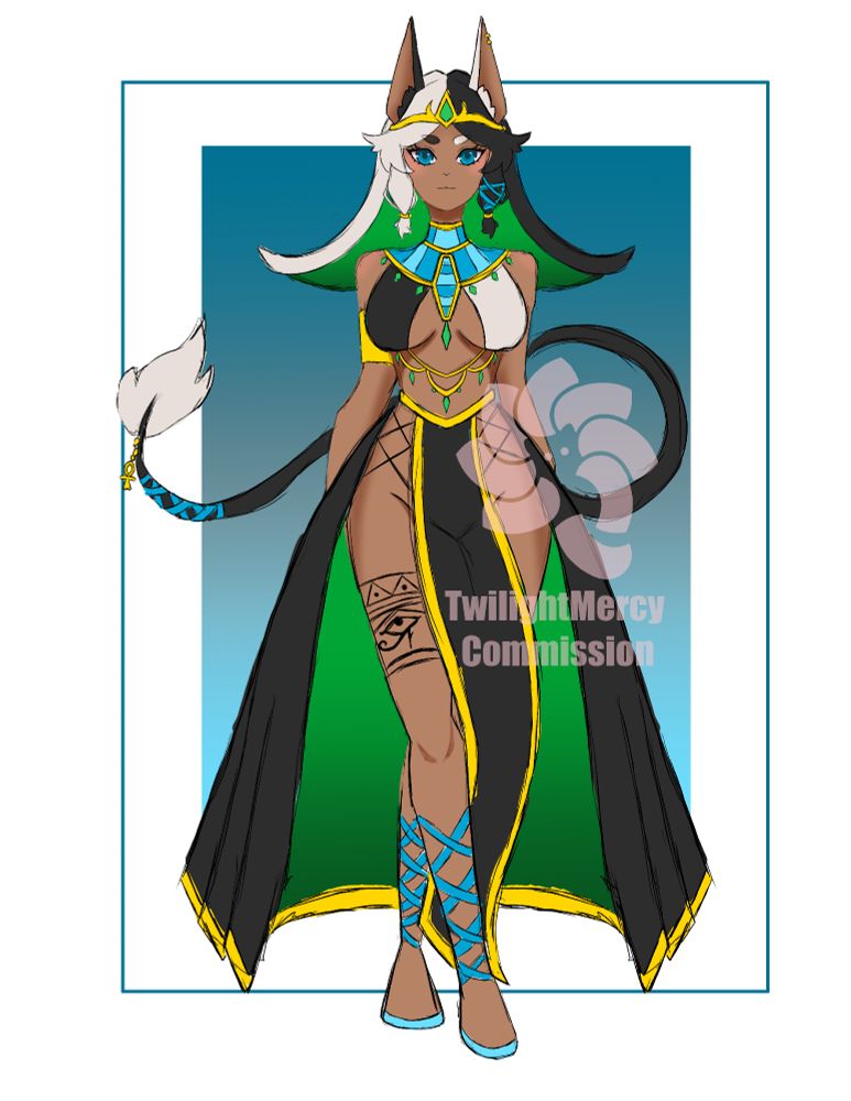 jackal princess anime girl with a cow tail and blue jewlrey and gold accents