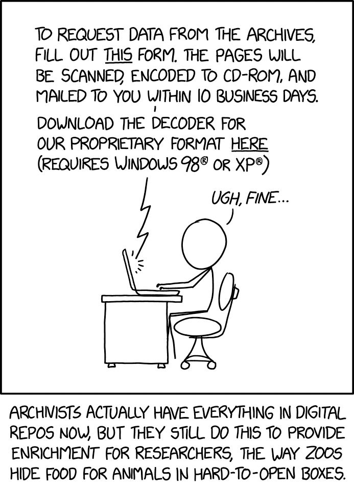 https://www.xkcd.com/3052/ – To request data from the archives fill out this form. The pages will be scanned, encoded to CD-ROM, and mailed to you within 10 business days. Download the decoder for our proprietary  format here (Requires Windows 98 or XP).

Archivists actually have everything in digital repos now, but they still do this to provide enrichment for researchers, the way zoos hide food for animals in hard-to-open boxes.