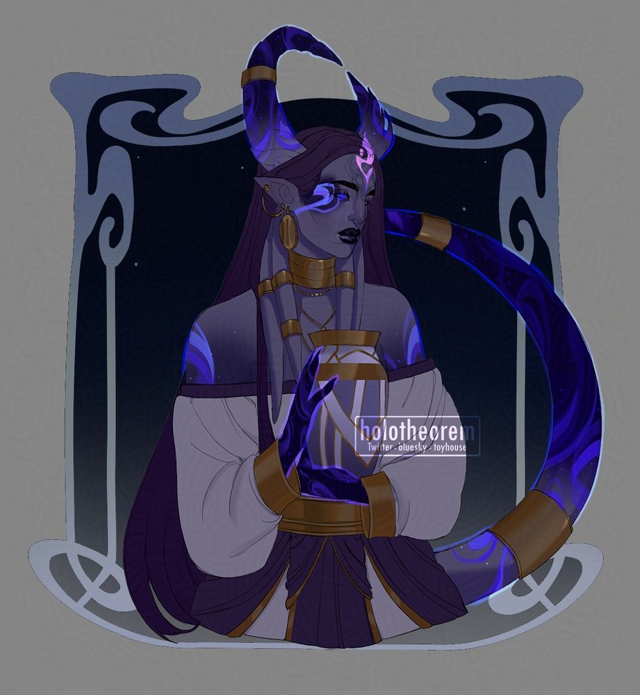 Commission of a purple tinted WoW (unsure of species) lady. Her hair is long, straight and purple, and she is holding an urn. She has one horn shorter than the other, and gold detailing/jewlery. She is showing off her magic.