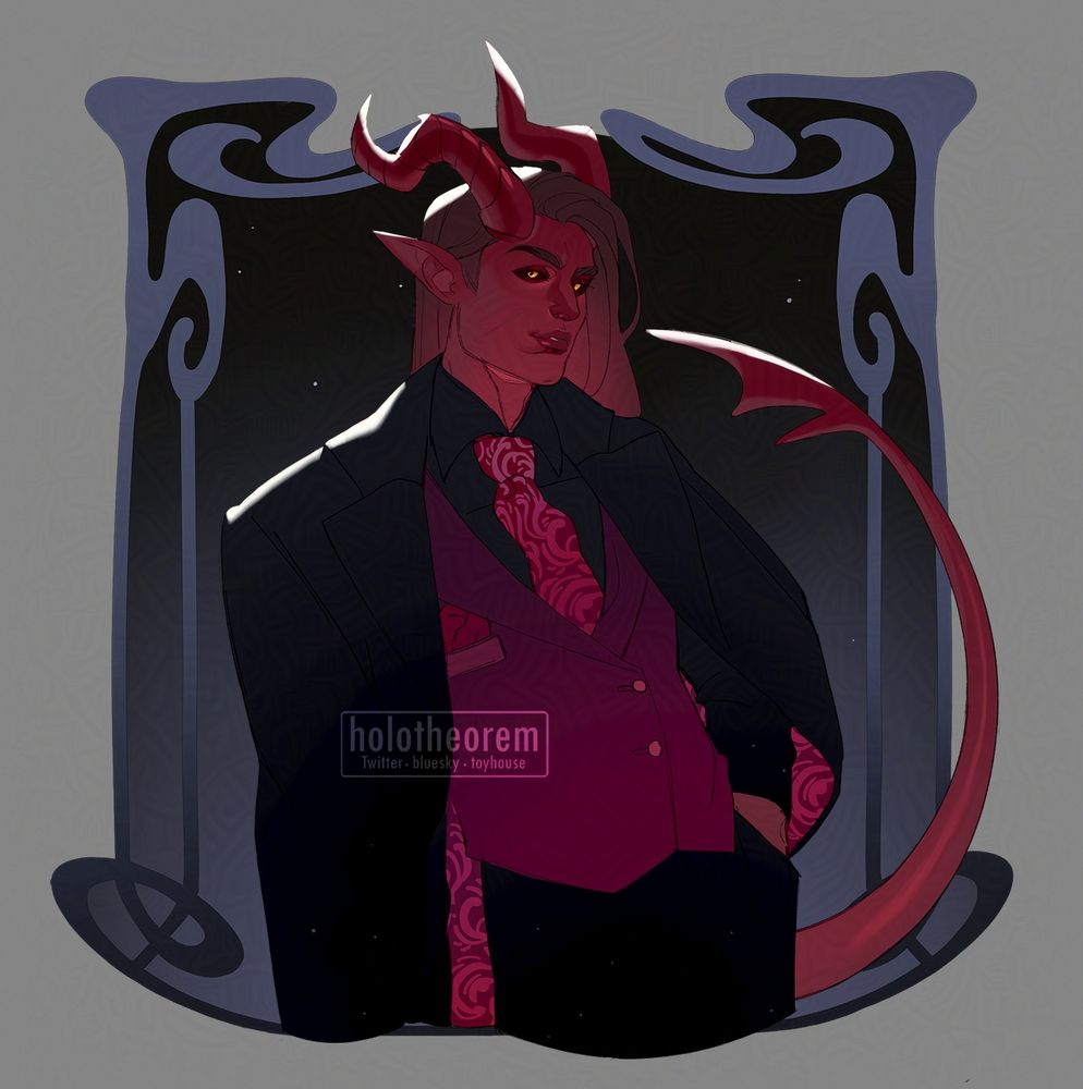 Commission of a solid red tiefling in a three piece black suit with red vest and detailing. His tie is also red, and he has curved red horns and gold eyes.