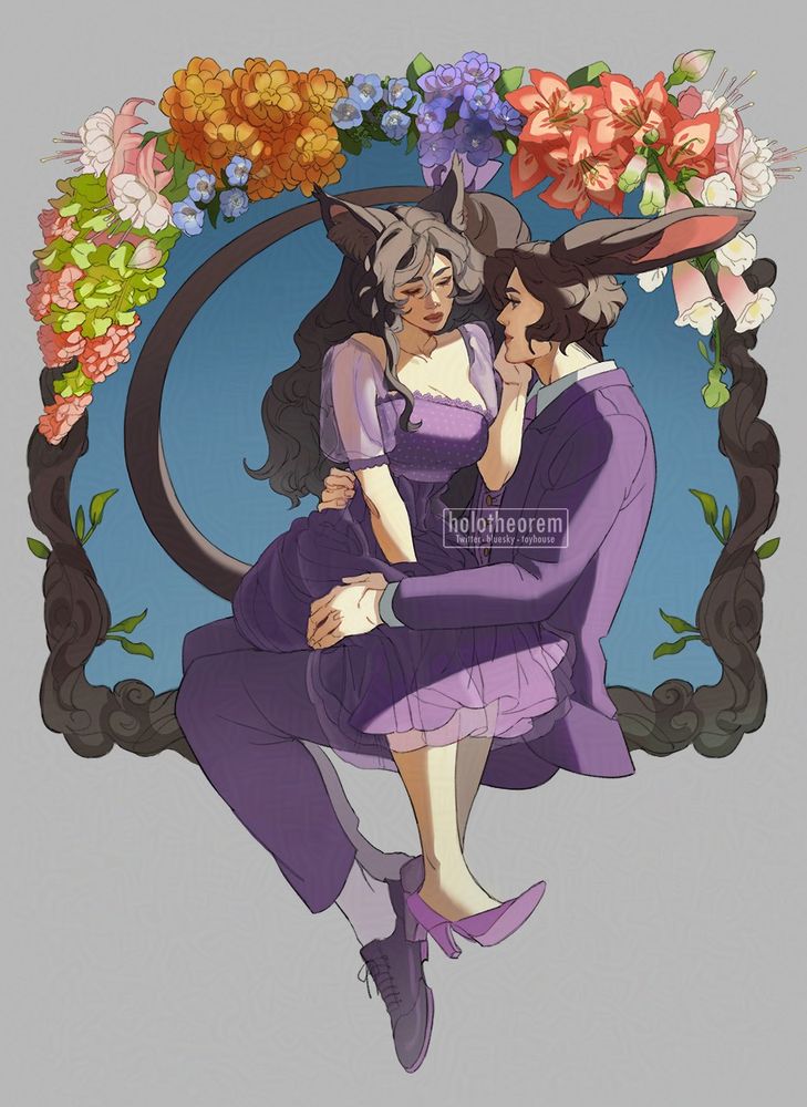 Commission of two characters sitting under a frame of flowers. She is sitting on his lap and has long brown hair and a long brown tail and is wearing a purple dress. He is holding her on his lap and is wearing a purple suit. He has long brown bunny ears and brown hair.