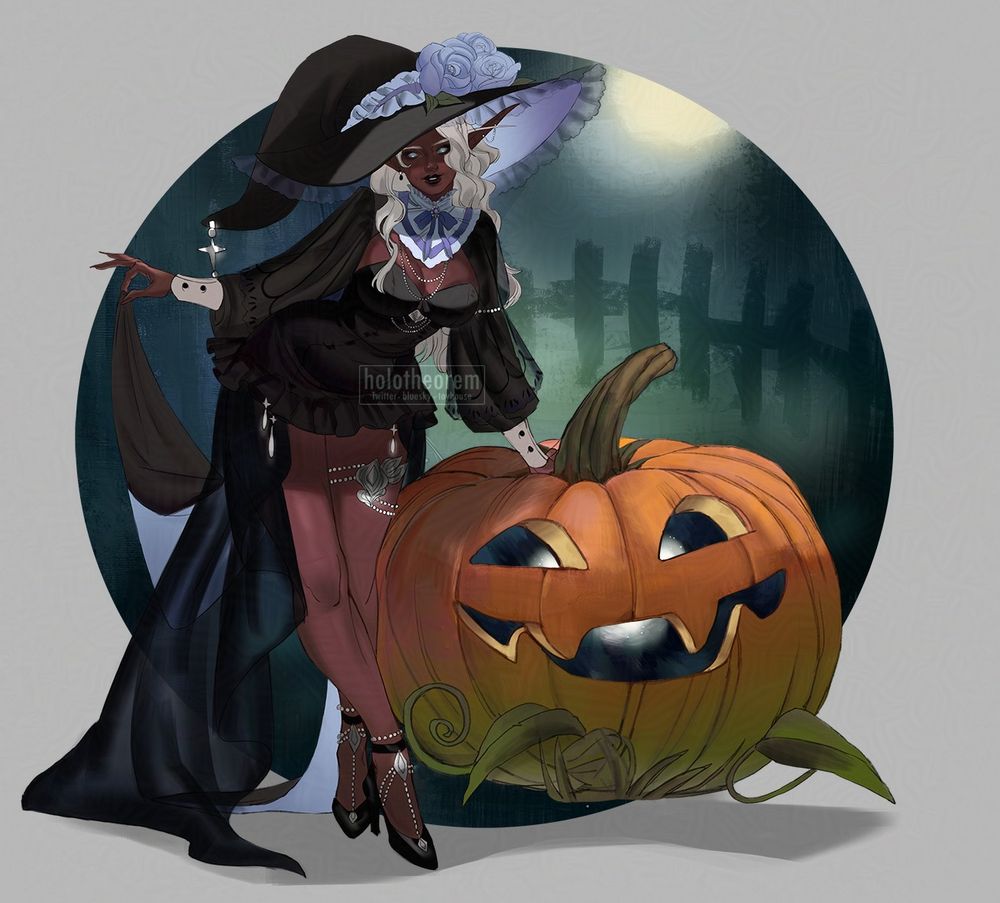 Dark skinned elf lady standing, leaning on a large pumpkin with a carved face that is smiling. She is holding a tail to her dress up between her fingers and is dressed as a witch with big blue roses on her hat.