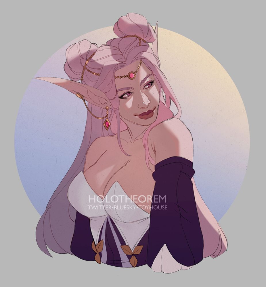 Raffle prize of a pink haired elf character. She has long hair up in two buns wrapped in gold beading. She is wearing white and purple clothing with gold detailing, and various gold jewelry.
