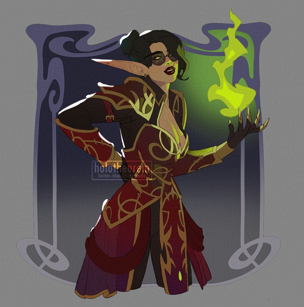 Commission of a dark haired WoW elf in red armor with gold detailing showing off her (green) fire magic. She is also wearing dark tinted round glasses, and has a hand on her hip.