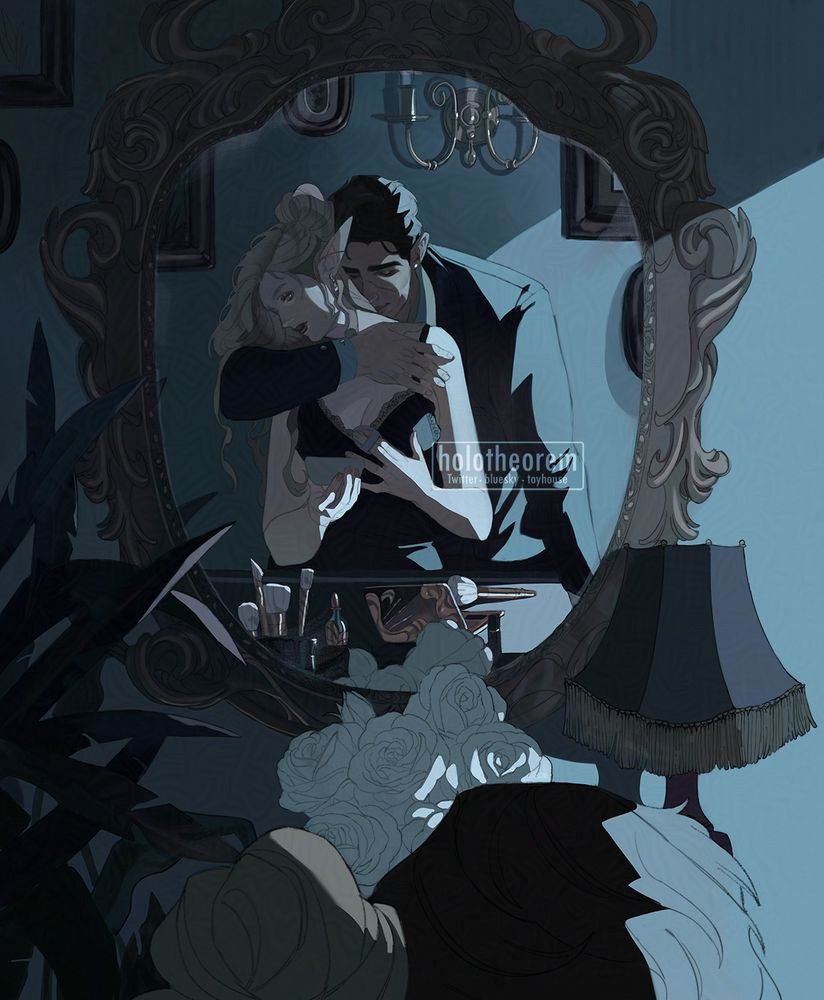 Commission of a couple standing in front of the mirror. The woman is applying makeup/getting ready, while the male has an arm wrapped around her longingly while resting his face into her shoulder. There is also one candle on the left bottom side, white roses in front of them, and a large ornate gold mirror.