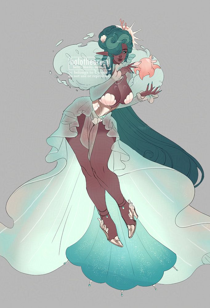 Commission of an ocean themed woman with flowy sheer fabric, a shell bikini, and big curly hair. She has a shell and a piece of coral in her hair and what appears to be a foam boa around her shoulders. She is playing with a dumbo octopus.