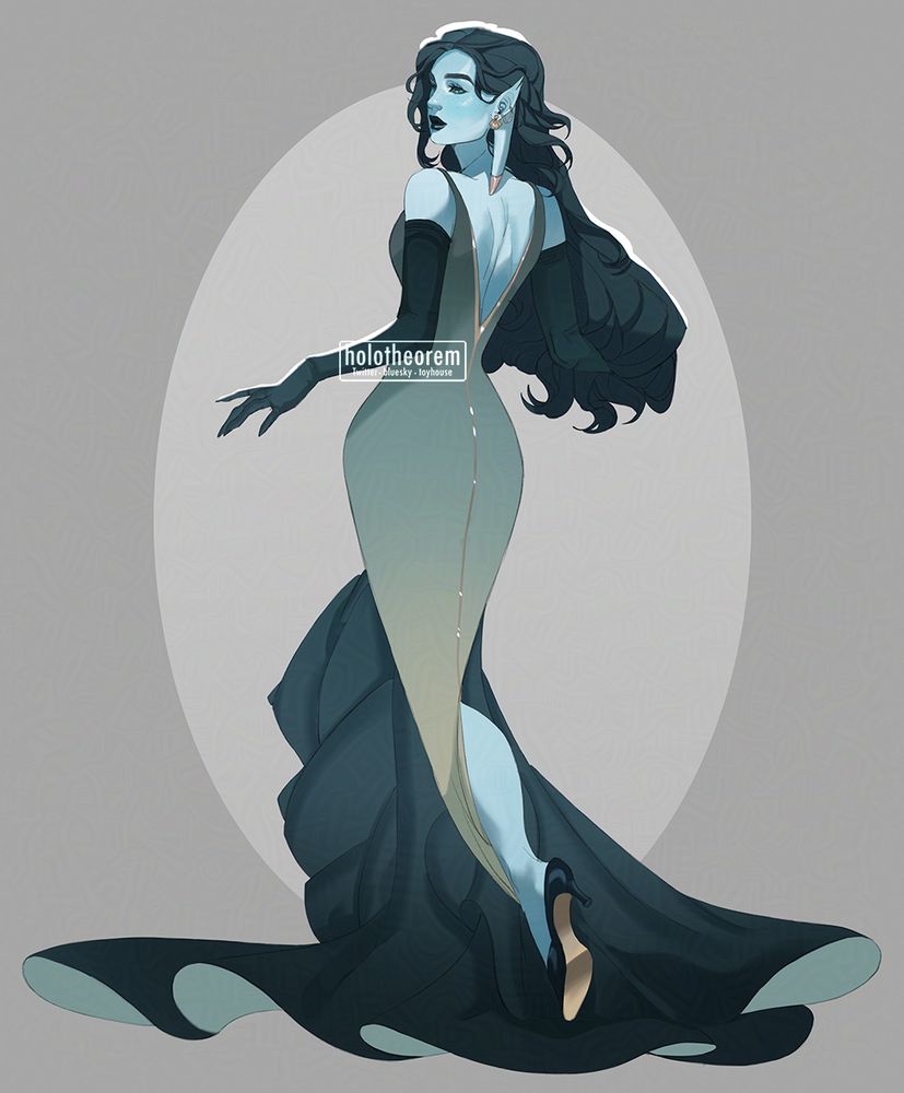 Commission of a blue/teal haired character with light blue skin in a teal/gold mermaid dress with a puffy bottom.