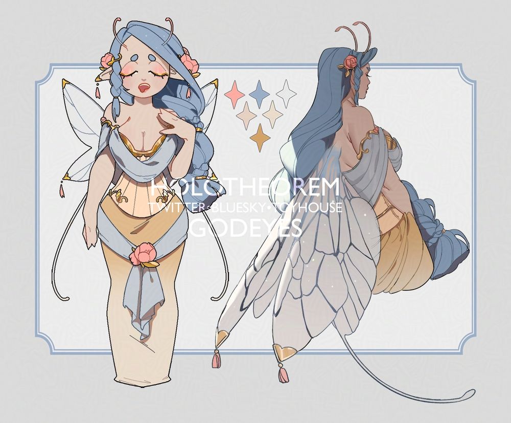 Adoptable depicting a blue haired butterfly/dragonfly winged character, with a chonky braid, and pink flowers in their hair. Their dress is a yellow corset with a lighter yellow floor length skirt and a blue belt tied by a pink flower. They also have a lot of gold detailing. 