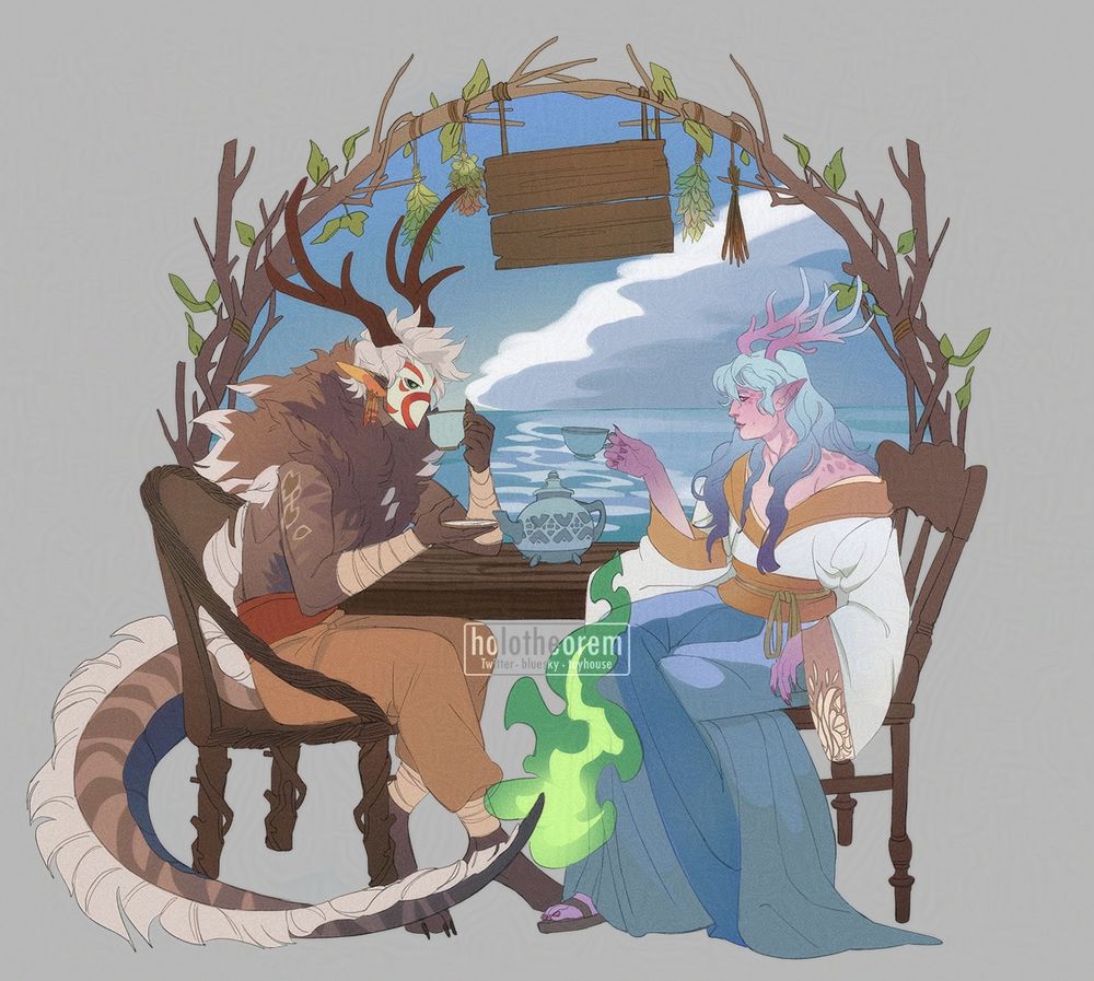 Commission of two characters having tea while sitting at a wooden table. On the left a large brown masked character has their teacup raised. THey are also wearing a mask with red accents, have brown antlers, a long tail and are wearing brown pants. On the right is a purple skinned and horned character with long blue hair and white and blue robes holding out their teacup. They are framed by branches and the ocean is depicted behind them.
