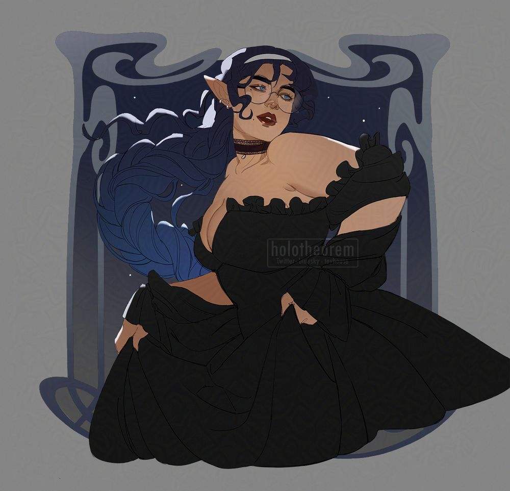 Commission of a long, blue haired character. Her hair is in a braid, and she is wearing a black flowy dress, wears round glasses, and has a white headband on.