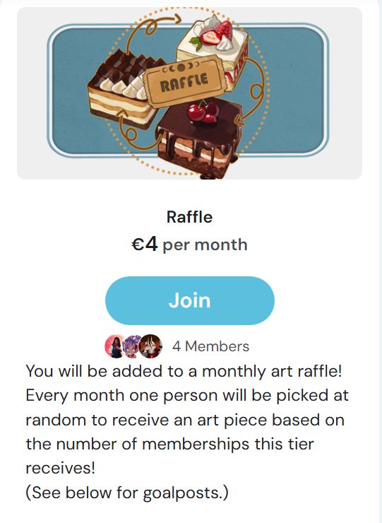 You will be added to a monthly art raffle!
Every month one person will be picked at random to receive an art piece based on the number of memberships this tier receives!
(See below for goalposts.)