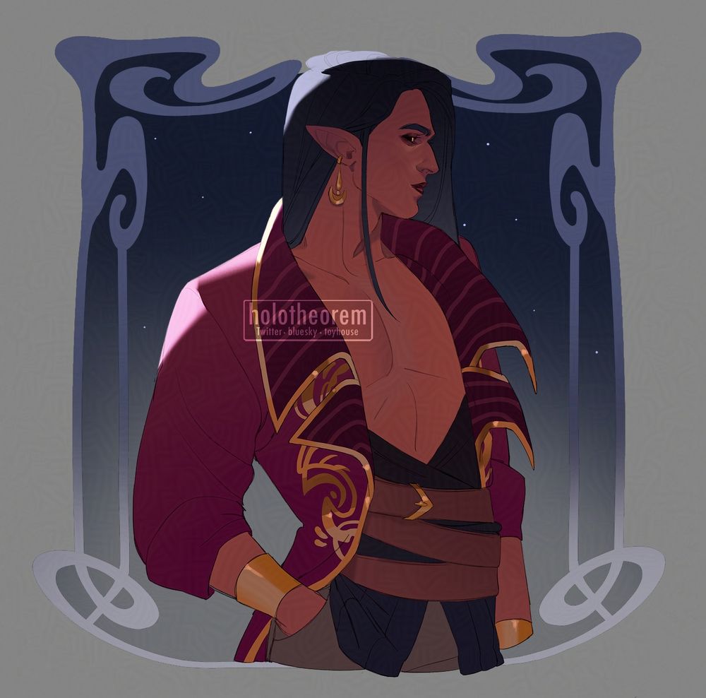 Commission of a dark haired man with long ears in a red coat. He has a large red popped collar with gold detailing, and the rest of the coat also has gold detailing. He has multiple belts around his torso/hips, and his sleeves are rolled up to his elbows. He has dark sclera and gold eyes.