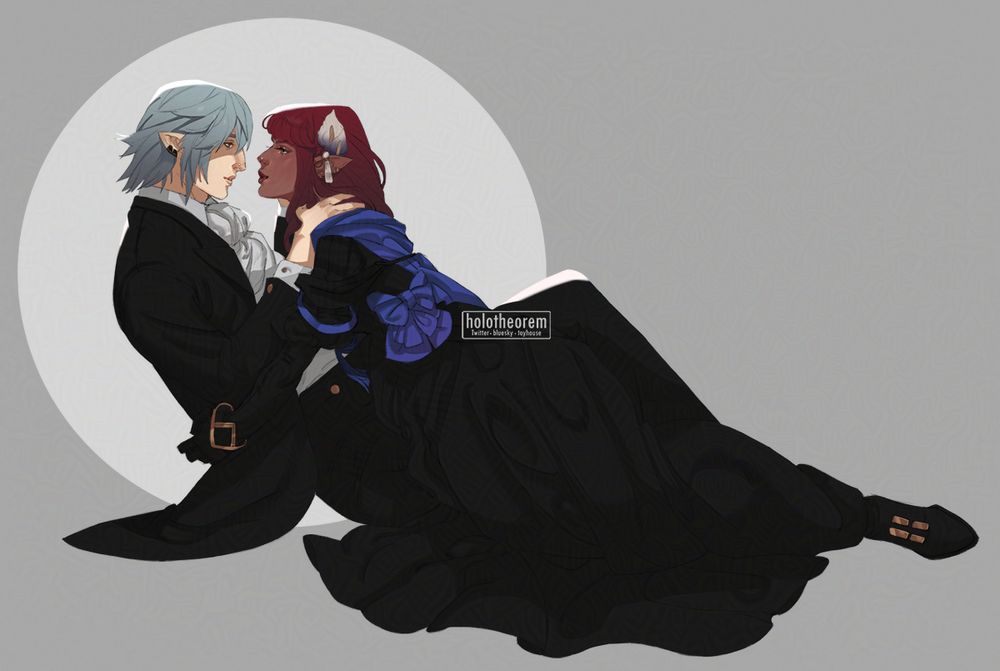 Commission of clients WOL from the video game ffxiv on the left, laying with ffxiv NPC Haurchefant. He is wearing a black suit, has pale hair, and she is wearing a puffy black dress with purple accents, and has red hair.