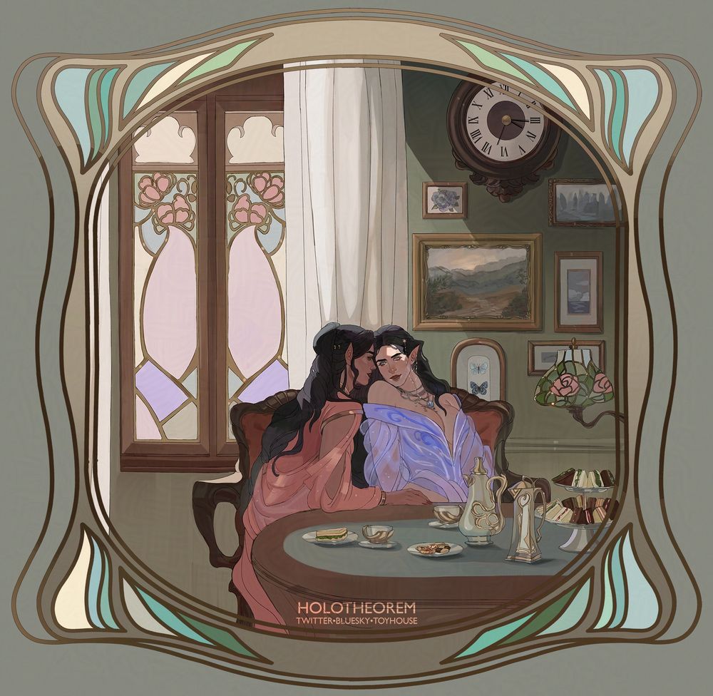Commission of two characters sitting at a table that is filled with various little tea time treats like cookies and sandwiches, including two pitchers. The character on the left is wearing a peach colored dress with sheer material falling off the shoulders, and the one on the right is in a periwinkle off the shoulder dress with sheer sleeves. They are both dark haired and have pointy ears. The background is a mixture of various paintings and a large round clock. On the left is a stained glass window.