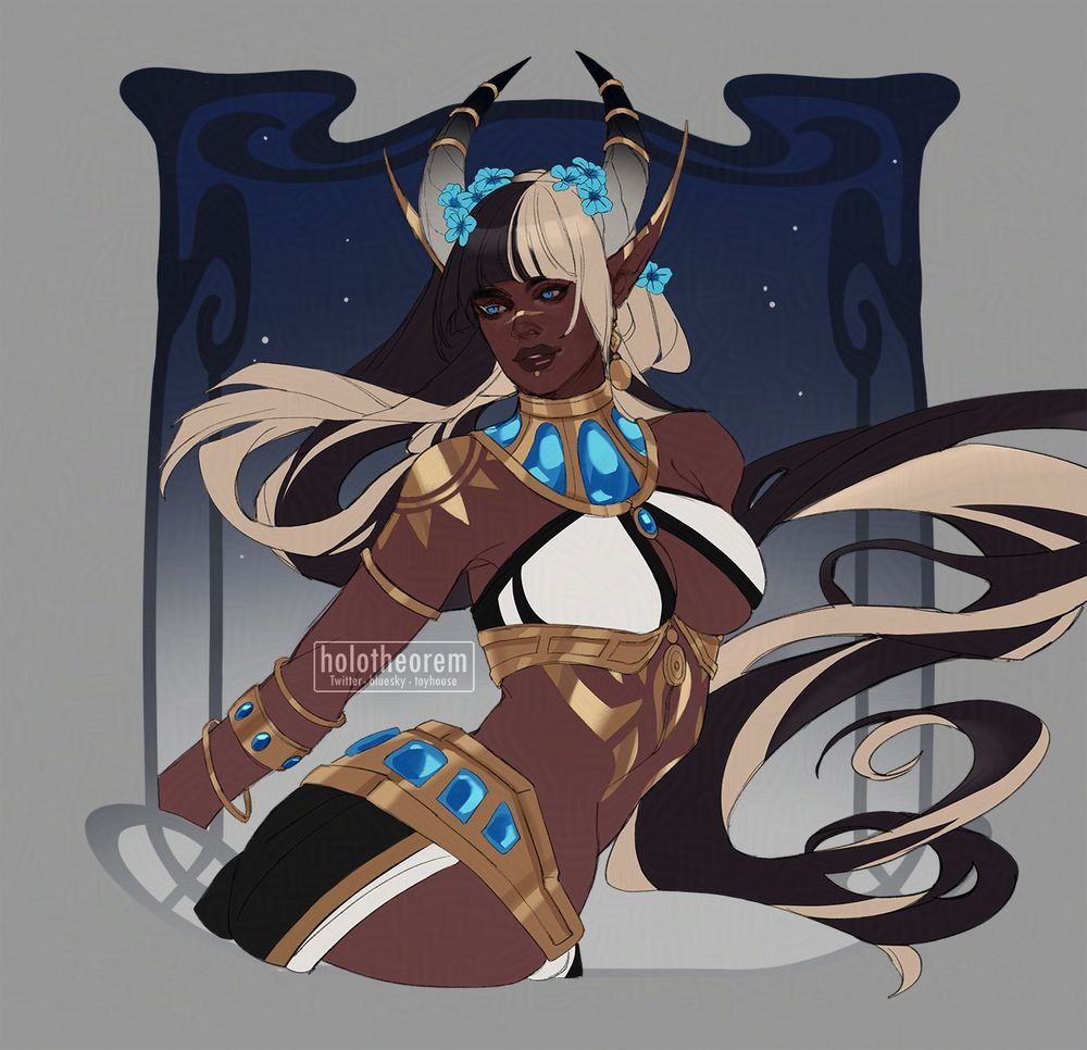 Commission of a dragon themed character with horns and dual colored hair (cream/white and black). She has a lot of gold jewelry and pieces on her, and blue gems set in the gold pieces. Her ears are long and pointed and her hair is long and she has blue flowers in it.