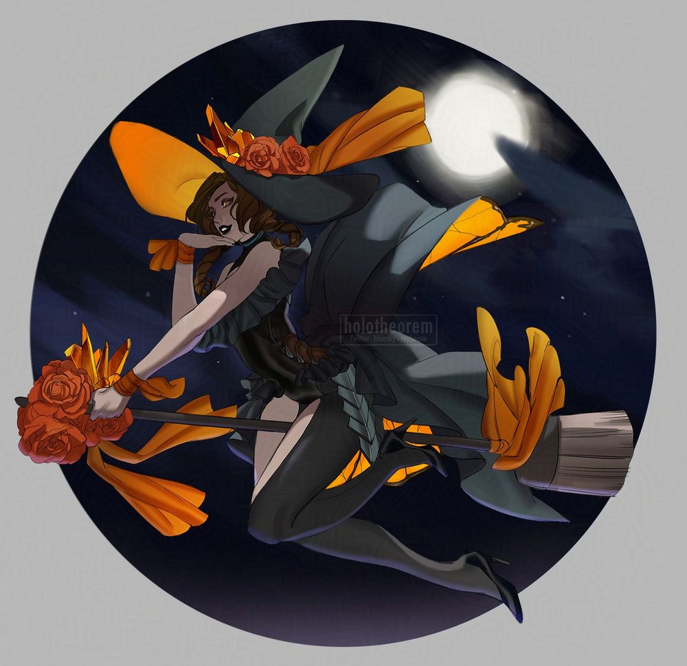 Commission of a character dressed as a witch on a broom. She has orange crystals on her hat and by her hand.
