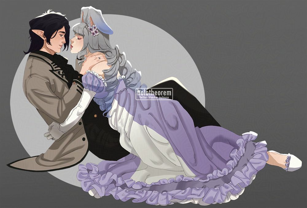 Commission of a clients ffxiv ship, consisting of an elezen with dark hair and a beige suit, and a pale haired viera in a big puffy purple dress.