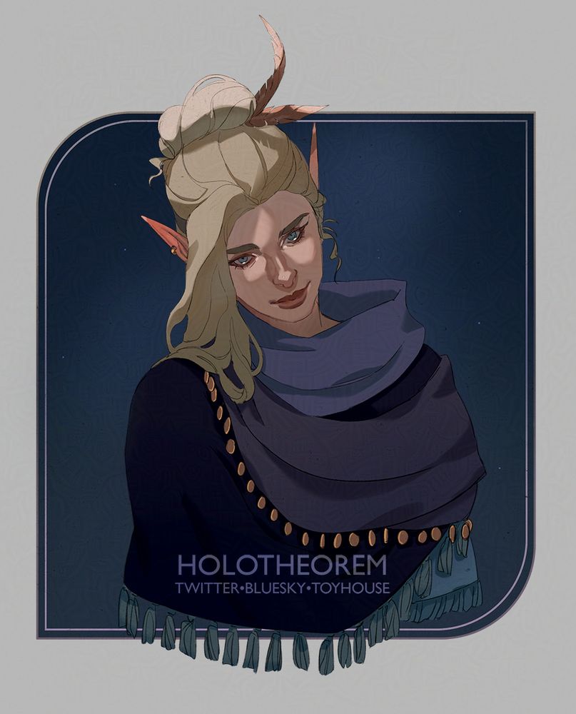 Commission of a blonde haired pointy ear character wearing various flowy fabrics of various hues of blue and purple. Her hair is up in a bun, and she has two feathers sticking out of it and a swoop of hair hanging to the side of her face.