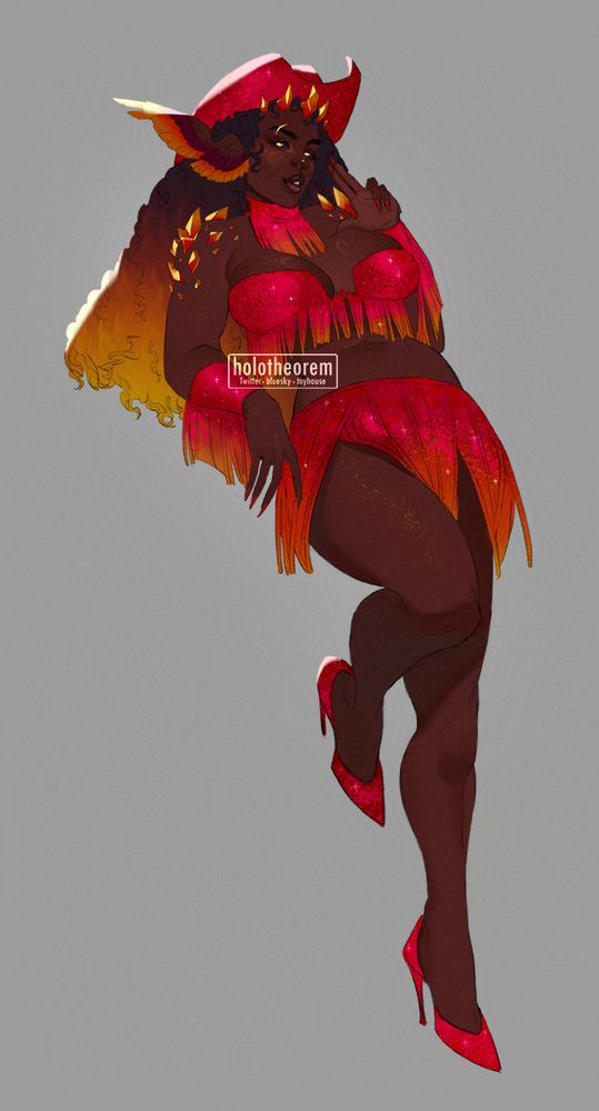 Commission for a client. Character is wearing red sparkly outfit, with a red sparkly cowboy hat. She is leaning against an invisible wall/fence/nondisclosed surface. She has rocks/gems on her shoulders and a crown of it on her head. And she has wings on the side of her head.