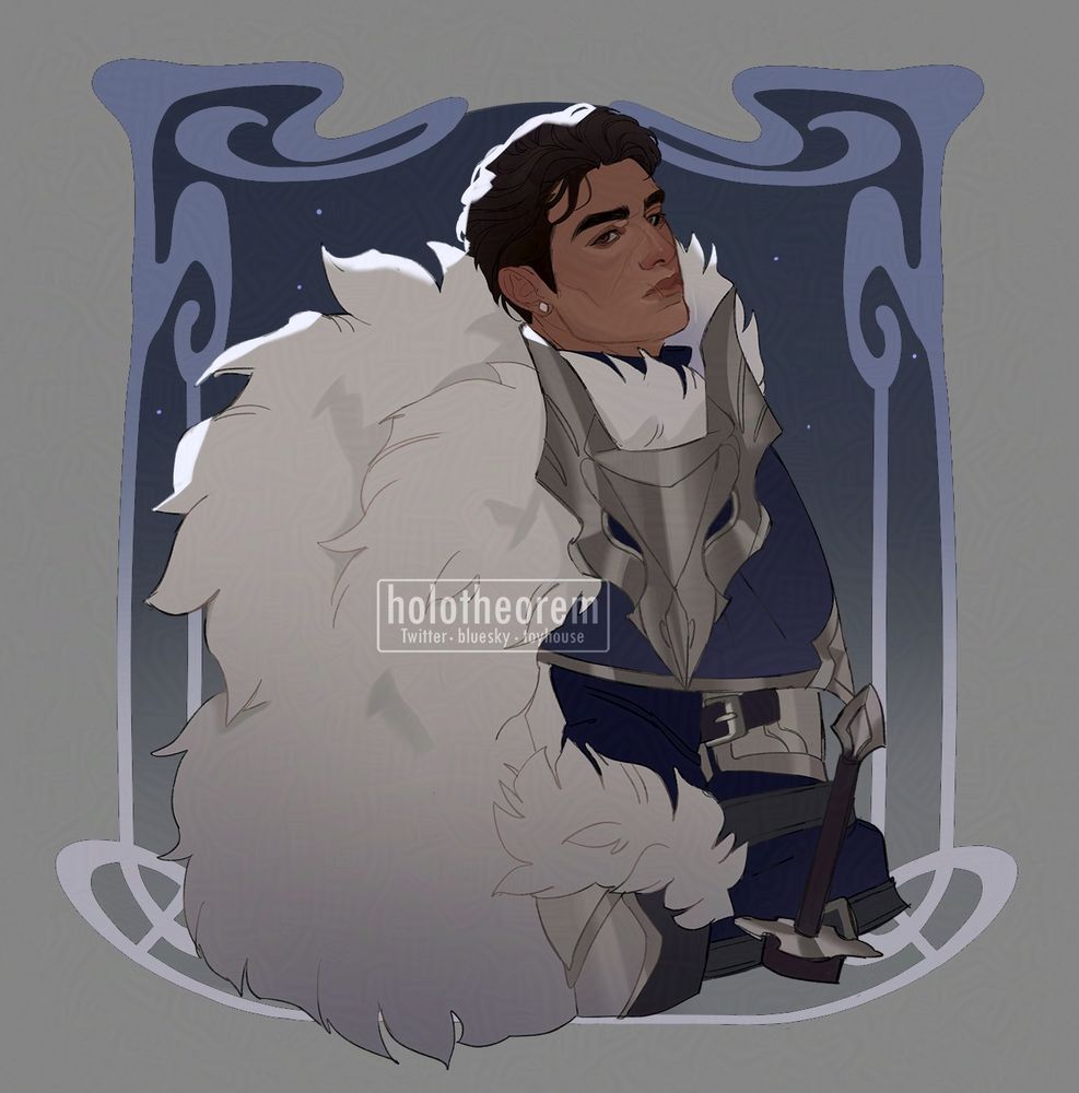 Commission of a paladin-like character (unsure on if the character is actually a paladin), with large white fur hanging off his shoulders, a shoulder cauldron in the shape of a bird (possibly?). He has dark brown hair and dark eyes and a pearl/diamond (unsure) earring.