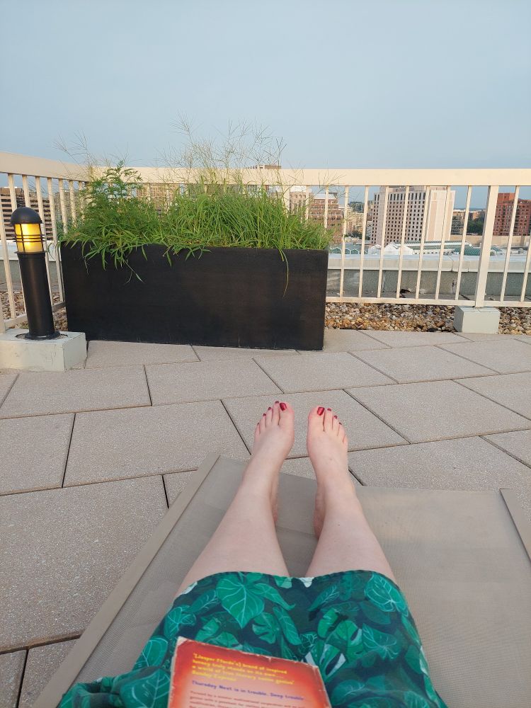 My legs on a deck chair on the roof of a tall building. In my lap is a book. The sky is clear, though getting dark