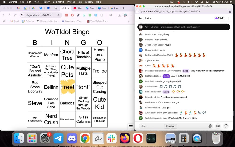 A screengrab of my computer screen including my WoT Idol bingo card and the live chat from the WoT Idol livestream