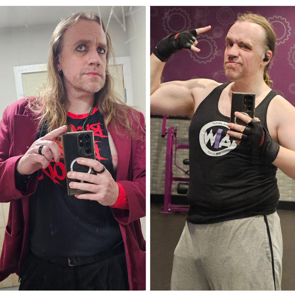 Two side by side selfies of Chris, the first in a bathroom wearing a black and red tank top and red blazer, and the second in a gym wearing a black AIW tank and grey joggers
