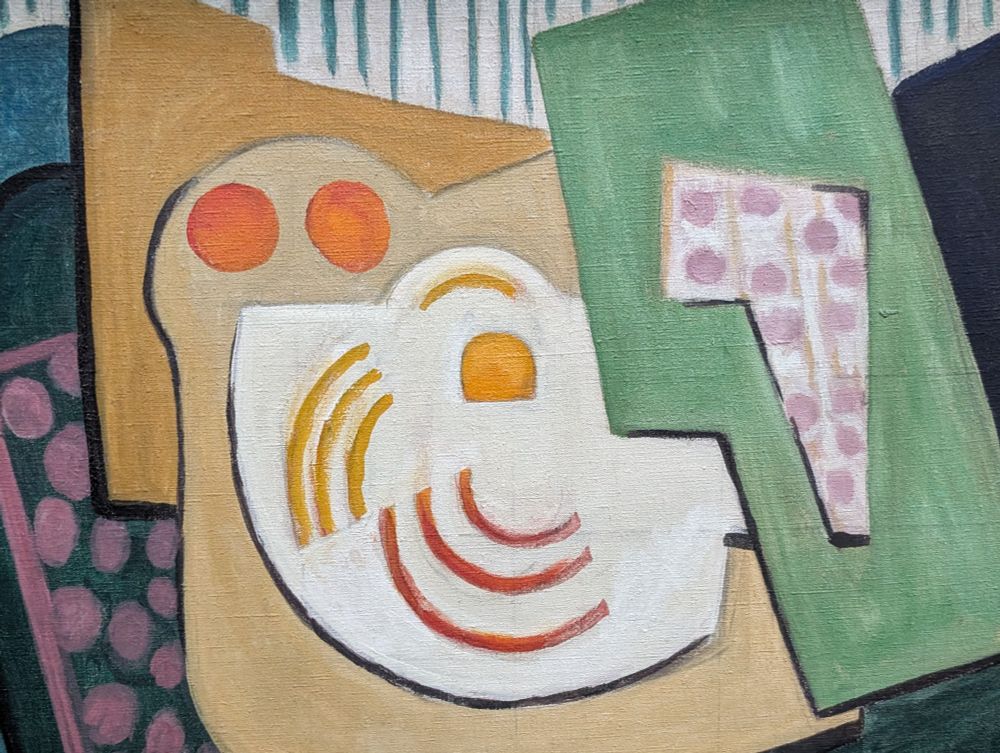 A colourful abstract painting by Evie Hone that looks a *bit* like a fry.