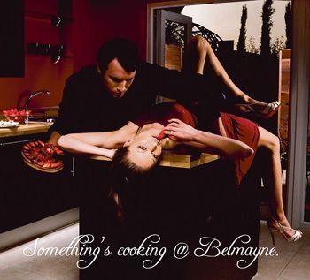 An ad for a housing estate that inexplicably shows a man leaning over an Irish Model(tm) who is sprawled "sexily" all over a kitchen worktop. The caption reads "Something's cooking @ Belmayne"