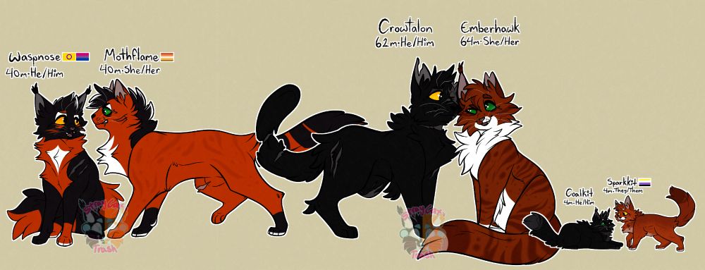 Members of DuneClan Crowtalon and Emberhawk (middle) with their children Waspnose and Mothflame (left) with Coalkit and Sparkkit (right)