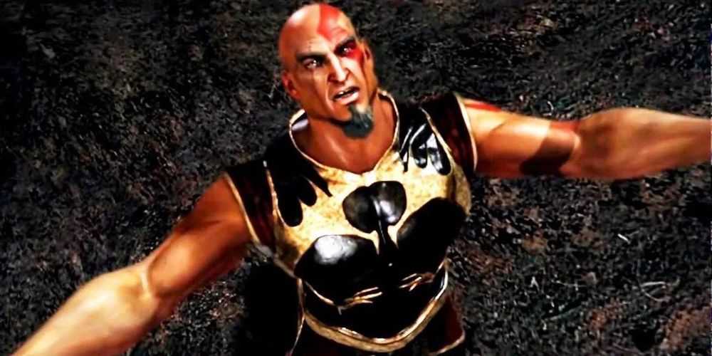 Kratos from God of Ware  before having his melanin drained, begging for Ares to grant him the strength to defeat his enemies