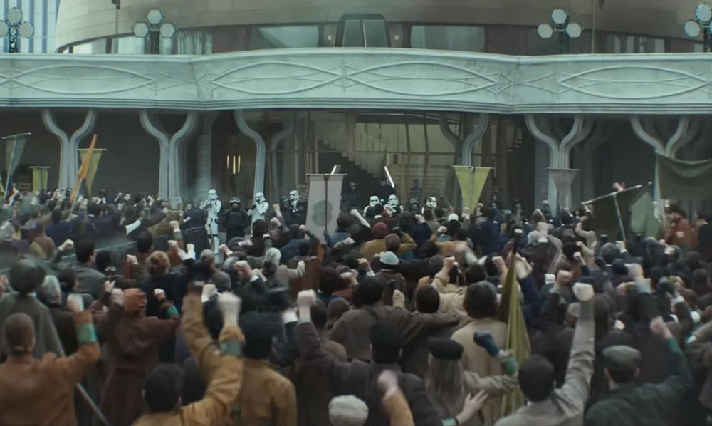 Andor, a scene from episode 208. People gather to protest the Empire